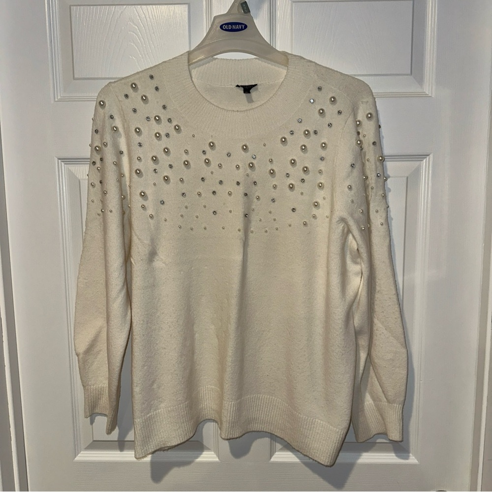 Talbots Cream Sweater w/ Pearl and Rhinestone Embellishments-Holiday Perfect- 2X